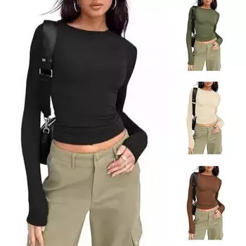 Женский топ на весну и осень, женский высококачественный свитер с круглым вырезом и длинными рукавами, облегающая футболка из молочного шелка S