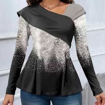 Женский топ нерегулярной формы с блестящими пайетками и длинными рукавами, трапециевидной формы, большой свободный цвет, косой V-образный вырез, средней длины, узкая талия, женская весенне-летняя блузка S светло-синий
