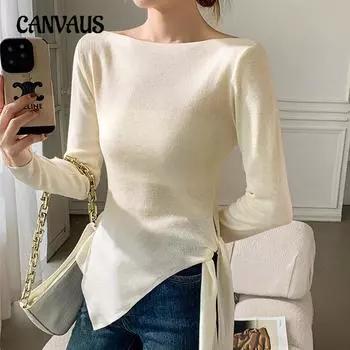 Женский топ New Line с вырезом горловины, однотонный, трикотажный, нерегулярный, со шнуровкой и длинными рукавами one size абрикосовый