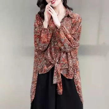 Женский топ, новая весенне-осенняя свободная женская шифоновая рубашка, блузка с отложным воротником и принтом, S-4XL XL красный
