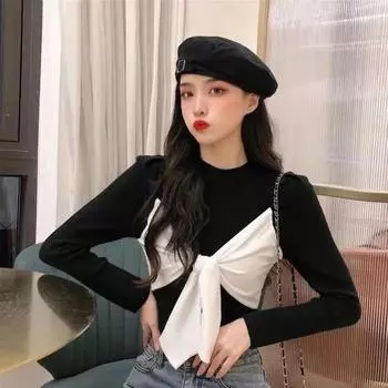 Женский топ, облегающая блузка, топы, осенний наряд, шикарная и элегантная рубашка базового слоя, футболки с длинными рукавами и бантом