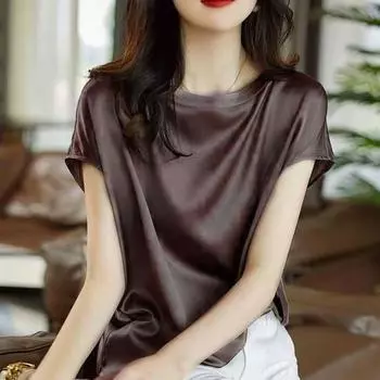 Женский топ, однотонный атласный свободный повседневный пуловер с круглым вырезом и короткими рукавами, цветная женская футболка, женская одежда 2XL