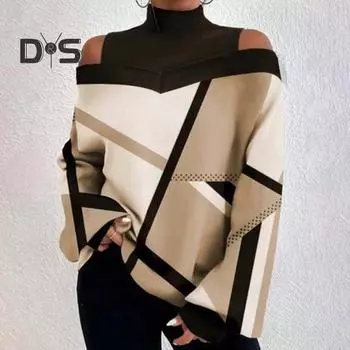 Женский топ осень-весна с открытыми плечами, цветной геометрический принт, длинные рукава, свободный свитер с высоким воротником, женская футболка средней длины, блузка S синий