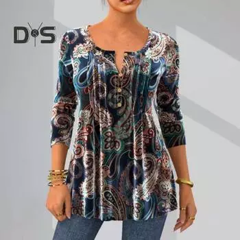 Женский топ осень-весна с винтажным принтом, круглым вырезом, длинным рукавом, пуговицами, средней длины, А-силуэт, мягкий пуловер, женская повседневная блузка, футболка XL синий