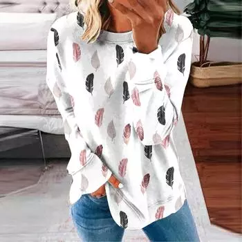 Женский топ осень зима полосатый перья цветы принт толстовки с длинными рукавами O-образный вырез толстовки женские повседневные топы S