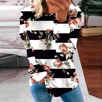 Женский топ осень зима полосатый перо принт толстовки с длинными рукавами O-образный вырез толстовки женские повседневные цветы топы S