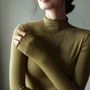 Женский топ осень-зима с высоким воротом и деревянной отделкой ушей, длинный рукав S (suitable for 70-47.5kg wear) белый