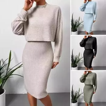 Женский топ-платье из 2 шт./компл., свитер с воротником-стойкой и длинными рукавами, облегающий костюм без рукавов, однотонное платье миди для поездок на работу, наряд для свиданий 2XL чёрный