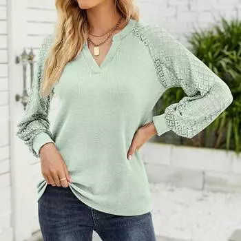 Женский топ, повседневный однотонный пуловер с длинными рукавами и v-образным вырезом, кружевная лоскутная футболка L