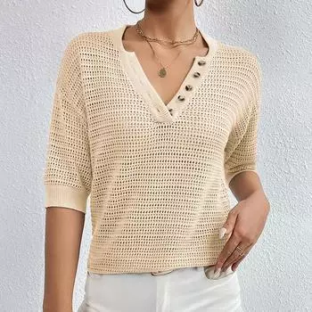 Женский топ, повседневный вязаный пуловер с v-образным вырезом и футболкой с короткими рукавами XS серый