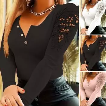 Женский топ, приталенный крой, застежка на пуговицы, круглый вырез, ажурная кружевная лоскутная футболка с длинным рукавом, эластичный однотонный мягкий пуловер, женская футболка XL розовый