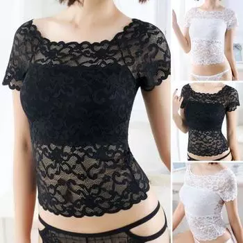 Женский топ, прозрачный кружевной бюстгальтер, дышащие брюки с короткими рукавами, цветочная вышивка, вырез лодочкой, женский укороченный топ, женская одежда белый