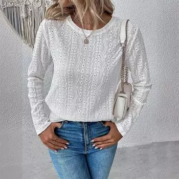 Женский топ-пуловер с круглым вырезом, жаккардовая кружевная повседневная футболка S белый