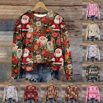 Женский топ Рождественский топ с принтом Топ с принтом Осенний обычный топ Женский топ с принтом S винный