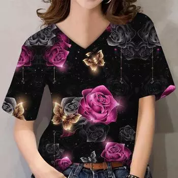 Женский топ с 3D цветочным принтом и розами, повседневные топы с короткими рукавами и v-образным вырезом, летние футболки для влюбленных пар S озеро синий