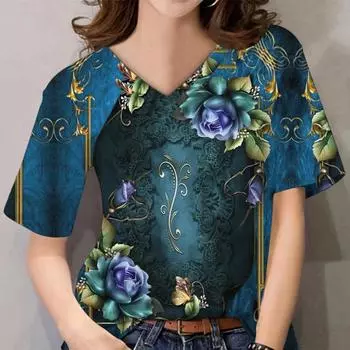 Женский топ с 3D цветочным принтом и розами, повседневные топы с короткими рукавами и v-образным вырезом, летние футболки для влюбленных пар S озеро синий