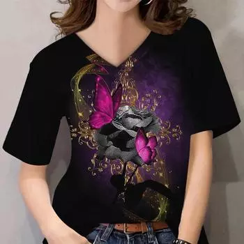 Женский топ с 3D цветочным принтом и розами, повседневные топы с короткими рукавами и v-образным вырезом, летние футболки для влюбленных пар S озеро синий