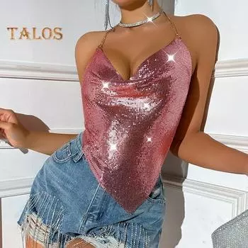Женский топ с блестками на бретельках без рукавов с открытой спиной, короткий жилет с металлическими цепочками, шнурками и воротником-качелями, сексуальный топ S серебряный