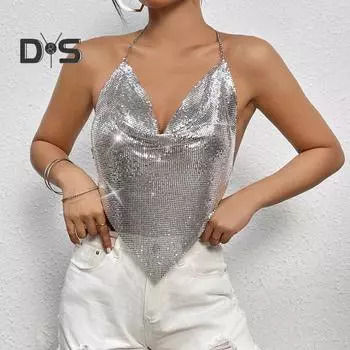 Женский топ с блестками на бретельках без рукавов с открытой спиной, короткий жилет с металлическими цепочками, шнурками и воротником-качелями, сексуальный топ S серебряный