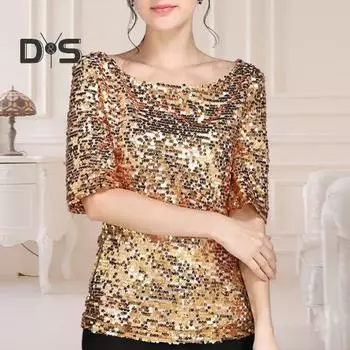 Женский топ с блестками, сверкающая футболка, стильная удобная блузка со средним рукавом, уличная одежда для сценических выступлений, повседневная одежда 3XL золотистый