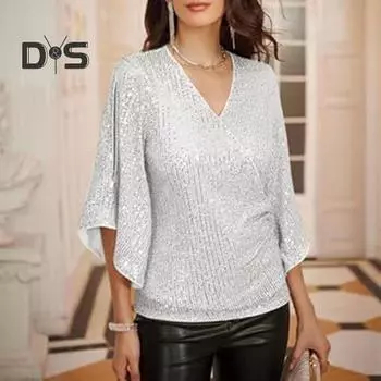 Женский топ с блестящими пайетками, ажурный рукав три четверти, однотонный свободный пуловер с v-образным вырезом, мягкая дышащая женская блузка для выпускного вечера M розы красного