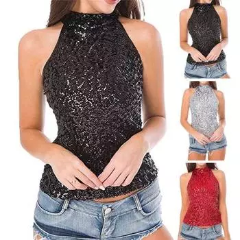 Женский топ с блестящими пайетками, с открытыми плечами, без рукавов, с бретелькой на шее, приталенный пуловер, сплошной цвет, сценическое выступление, клубный танцевальный топ, жилет серебряный