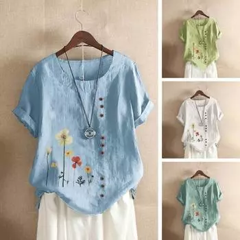Женский топ с цветочным принтом, круглый вырез, свободная пуговица, декор, короткие рукава L светло-синий