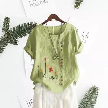 Женский топ с цветочным принтом, круглый вырез, свободная пуговица, декор, короткие рукава, свидания L светло-синий