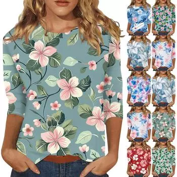 Женский топ с цветочным принтом, круглым вырезом и рукавами три четверти Футболка Футболка с рукавами три четверти XXL