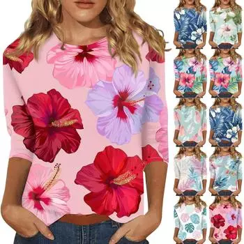 Женский топ с цветочным принтом, круглым вырезом и рукавами три четверти Футболка Футболка с рукавами три четверти XXL