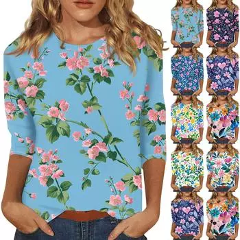 Женский топ с цветочным принтом, круглым вырезом и рукавами три четверти Футболка Футболка с рукавами три четверти XXL розовый