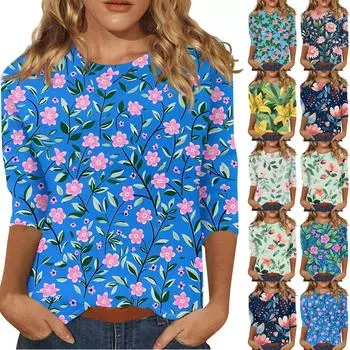 Женский топ с цветочным принтом, круглым вырезом и рукавами три четверти Футболка Футболка с рукавами три четверти XXL