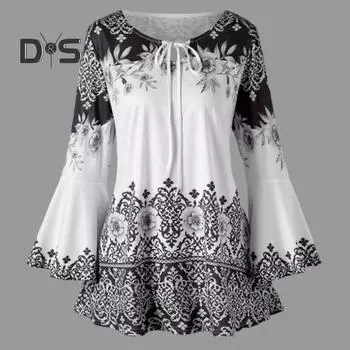 Женский топ с цветочным принтом, рукавами с рогами, трапециевидной формы, свободный подол, зашнуровать шею, облегающий крой, узкая талия, контрастный цвет, женская весенне-осенняя блузка, топ L зелёный