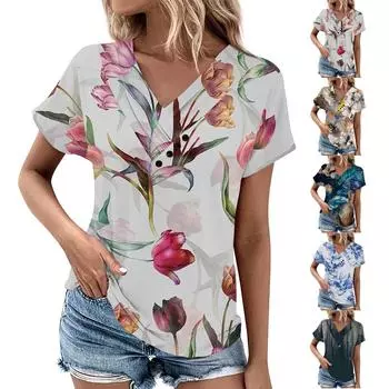 Женский топ с цветочным принтом, женский удобный женский топ с V-образным вырезом и короткими рукавами, большая футболка