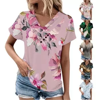 Женский топ с цветочным принтом, женский удобный женский топ с V-образным вырезом и короткими рукавами, большая футболка L чёрный