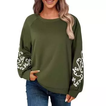 Женский топ с длинным рукавом и круглым вырезом, однотонная толстовка с капюшоном, толстовки с круглым вырезом, однотонные топы с длинным рукавом M армия зеленый
