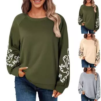 Женский топ с длинным рукавом и круглым вырезом, однотонная толстовка с капюшоном, толстовки с круглым вырезом, однотонные топы с длинным рукавом M хаки