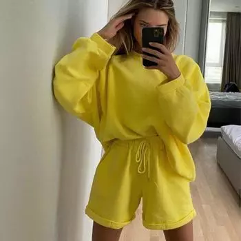 Женский топ с длинным рукавом и круглым вырезом, свободные шорты, модный повседневный костюм из двух предметов XL белый