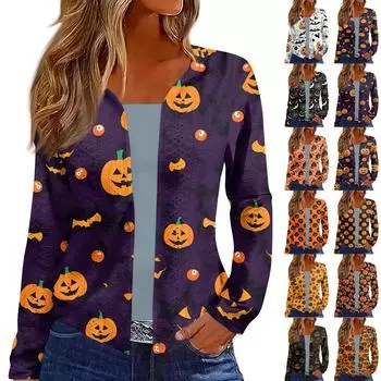 Женский топ с длинным рукавом и принтом Хэллоуина, повседневная модная тонкая блузка-кардиган на выходные XXL золотой