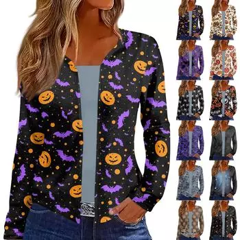 Женский топ с длинным рукавом и принтом Хэллоуина, повседневная модная тонкая блузка-кардиган на выходные L синий