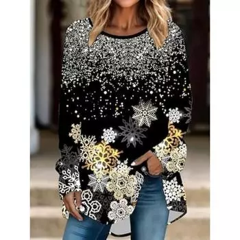 Женский топ с длинным рукавом и принтом снежинок, повседневный, с круглым вырезом, черный, золотой, серебряный, праздничный, зимняя мода, комфорт, свободный крой, разные размеры S