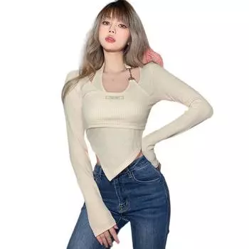 Женский топ с длинным рукавом, однотонный осенний наряд, повседневные футболки, укороченный топ с халтернеем, накладные две части S