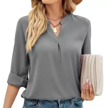 Женский топ с длинным рукавом, однотонный, с V-образным вырезом, свободный крой, блузка-пуловер для повседневной носки, для работы, улицы, серый, размер M M(for 4-6.5kg) серый