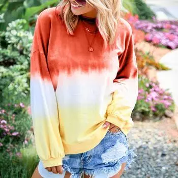 Женский топ с длинным рукавом, повседневный свитер с круглым вырезом и контрастным градиентным цветом M оранжевый