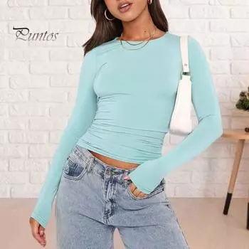 Женский топ с длинным рукавом, приталенный эластичный пуловер, однотонный, с круглым вырезом, с короткой талией, тонкая женская футболка в простом стиле, нижняя блузка M королевский синий