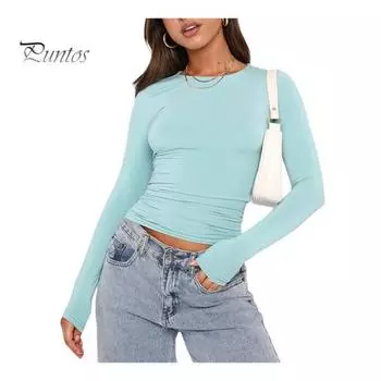 Женский топ с длинным рукавом, приталенный эластичный пуловер, однотонный, с круглым вырезом, с короткой талией, тонкая женская футболка в простом стиле, нижняя блузка XS королевский синий