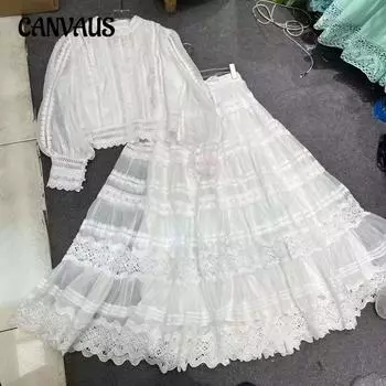 Женский топ с длинным рукавом, темпераментный модный кружевной костюм с длинной юбкой XL белый