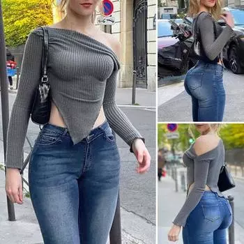 Женский топ с длинным рукавом, вязаный однотонный косой вырез, одно плечо, неровный подол, облегающий эластичный мягкий женский укороченный топ, блузка M серый