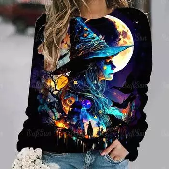 Женский топ с длинным рукавом, забавная футболка с принтом ведьм на Хэллоуин, осенняя женская модная повседневная индивидуальная футболка, одежда больших размеров
