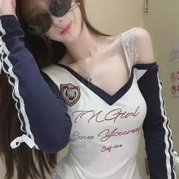 Женский топ с длинными рукавами, бантом, кружевом, приталенным узором Small белый